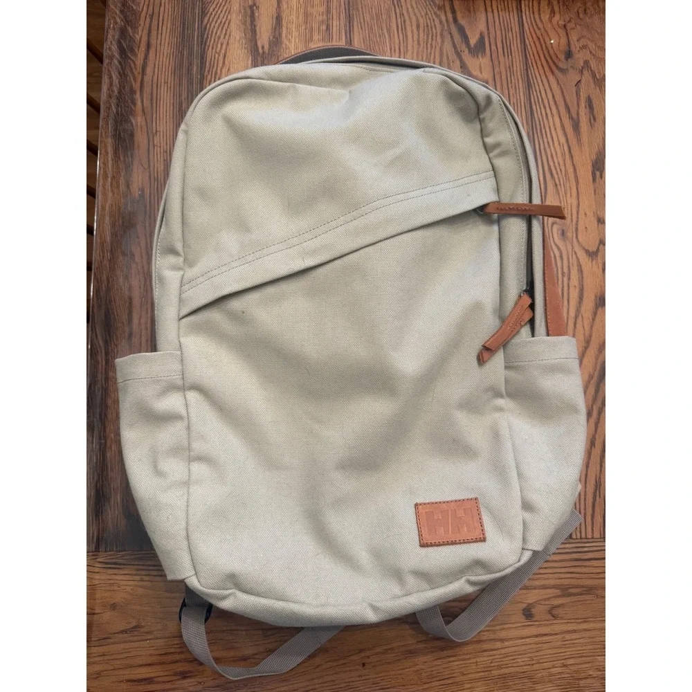 Helly Hansen Backpack Unisex OS Beige Canvas Leather Trim Daypack Pocket